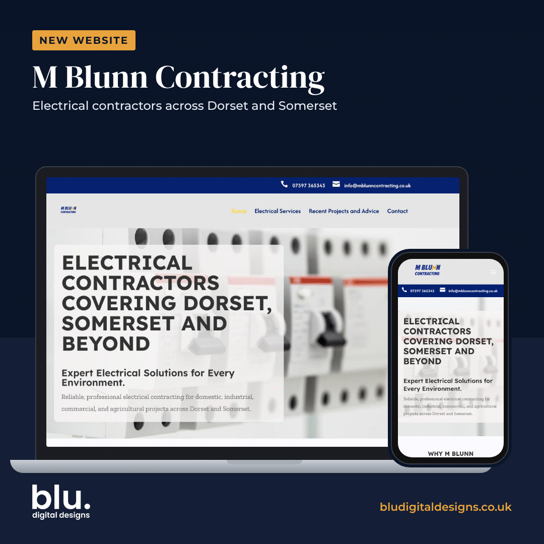 M Blunn Contracting website shown on a laptop and phone, designed by Blu Digital Designs