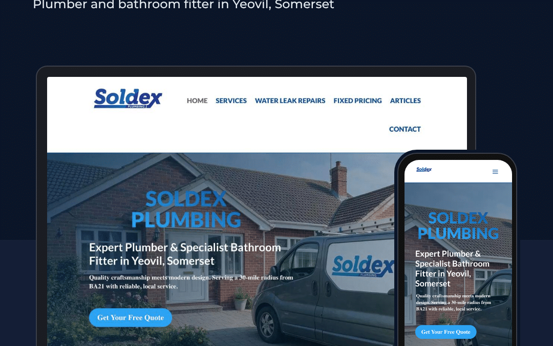 Soldex Plumbing website shown on a laptop and phone, designed by Blu Digital Designs