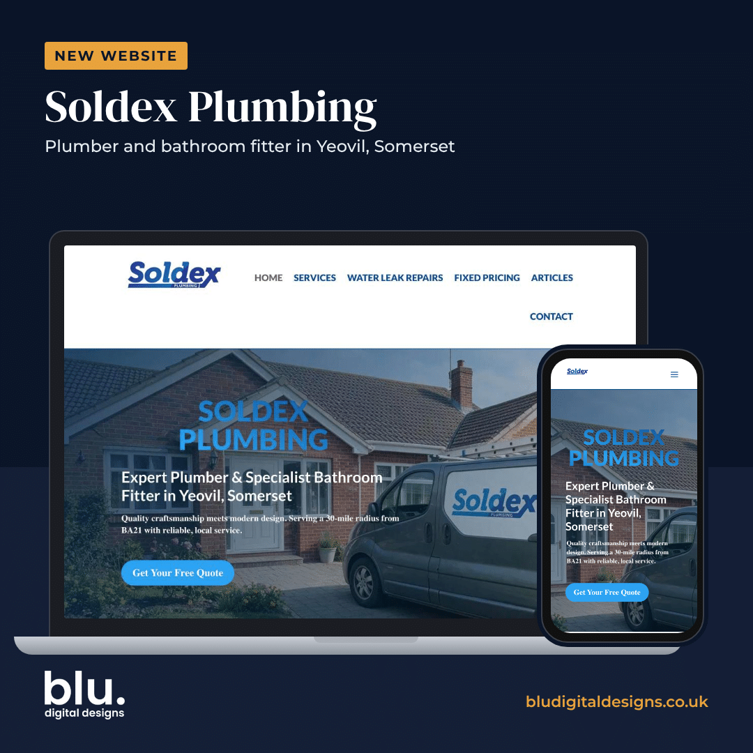 Soldex Plumbing website shown on a laptop and phone, designed by Blu Digital Designs